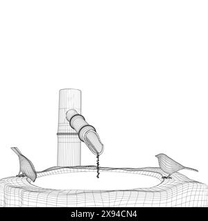 Contorno di due uccelli seduti su un pozzo e che bevono acqua da linee nere isolate su uno sfondo bianco. 3D. Illustrazione vettoriale. Illustrazione Vettoriale