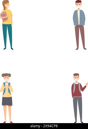 Set di quattro personaggi di cartoni animati con varie pose su sfondo bianco Illustrazione Vettoriale