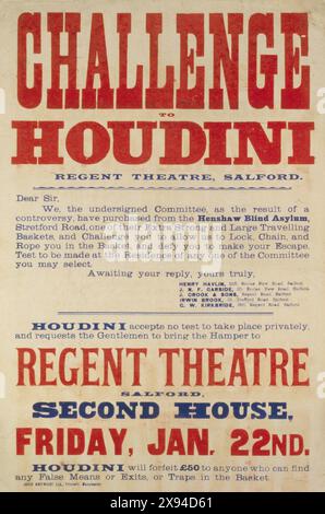 Challenge to Houdini - Regent Theatre, Salford - Manchester, John Heywood Ltd., Stampanti, 1904 Foto Stock