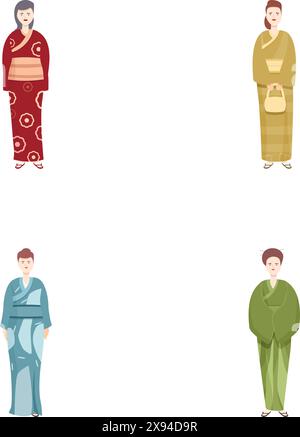 Squisita collezione di abiti tradizionali giapponesi che includono kimono e yukata per uomini e donne, che rappresentano il diverso patrimonio culturale e l'identità unica del giappone Illustrazione Vettoriale