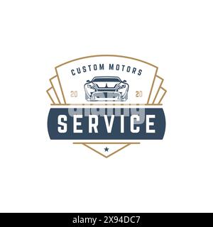 Modello del logo Muscle CAR elemento di design vettoriale stile vintage per etichetta o logo illustrazione retrò. Silhouette di auto classica. Illustrazione Vettoriale