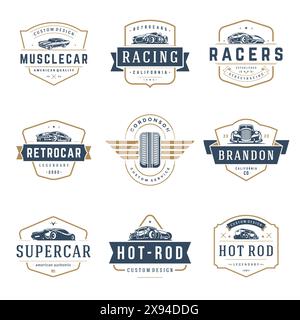 Modelli di loghi per auto set di elementi di design vettoriali, emblemi in stile vintage e badge illustrazioni retrò. Riparazioni di auto d'epoca, sagome di servizio pneumatici. Illustrazione Vettoriale