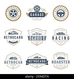 Modelli di loghi per auto set di elementi di design vettoriali, emblemi in stile vintage e badge illustrazioni retrò. Riparazioni di auto d'epoca, sagome di servizio pneumatici. Illustrazione Vettoriale