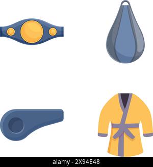 Set di quattro icone dal design piatto che rappresentano diverse attrezzature per arti marziali Illustrazione Vettoriale