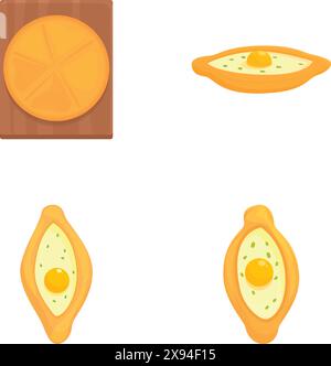 Quattro colorate illustrazioni vettoriali del tradizionale khachapuri georgiano in varie forme Illustrazione Vettoriale