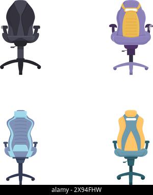 Quattro illustrazioni vettoriali colorate di sedie da ufficio ergonomiche vuote su sfondo bianco Illustrazione Vettoriale