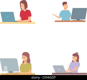 Illustrazioni di quattro giovani adulti impegnati in attività su PC desktop e notebook Illustrazione Vettoriale