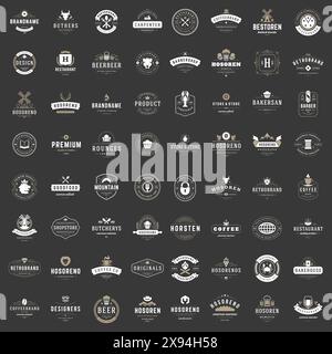 Set di modelli di design di loghi vintage. Collezione elementi logotipi vettoriali, simboli icone, etichette retrò, distintivi e silhouette. Illustrazione Vettoriale