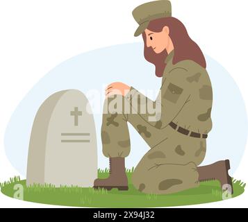 Soldato militare su un ginocchio davanti alla tomba di pietra. Memorial Day. Cimitero dei veterani. Illustrazione vettoriale in stile piatto Illustrazione Vettoriale