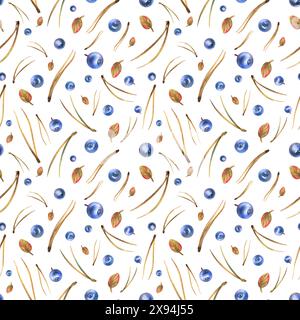 Mirtilli con foglie e aghi di pino. Illustrazione acquerello, disegnata a mano. Foresta, vegetale, motivo senza cuciture per tessuti, tessuti, carte da parati Foto Stock