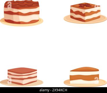 Collezione di quattro deliziose torte a strati in stile cartoni animati, isolate su bianco Illustrazione Vettoriale