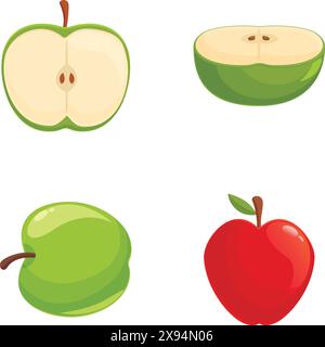 Animate e colorate illustrazioni di mele con mele rosse e verdi intere, tagliate a metà, tagliate a fette e incrociate, perfette per cibi sani, nutrizione e concetti vitaminici Illustrazione Vettoriale