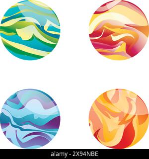 Vivaci icone circolari che rappresentano i quattro elementi: Acqua, terra, aria e fuoco, in uno stile astratto moderno Illustrazione Vettoriale