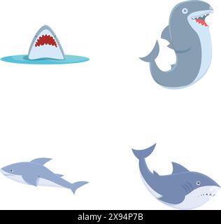 Set di quattro illustrazioni di squali cartoni animati isolate sul bianco, tra cui pinna di squalo e diverse pose di squalo Illustrazione Vettoriale