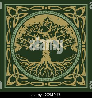 Design vichingo. World Tree dalla mitologia scandinava - Yggdrasil e motivo celtico, cornice. Disegnato in stile celtico norreno Illustrazione Vettoriale