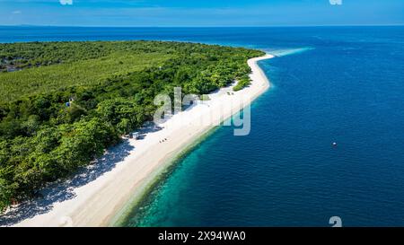 Aerea di una spiaggia di sabbia bianca nell'isola di grande Santa Cruz, Zamboanga, Mindanao, Filippine, Sud-est asiatico, Asia Foto Stock
