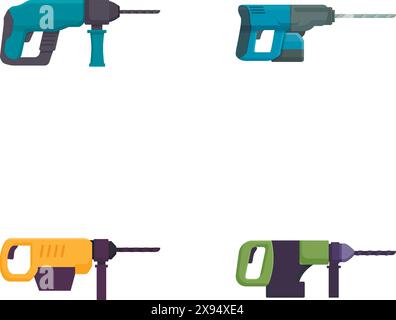 Quattro icone di design piatto di trapani e cacciaviti elettrici in vari colori, isolate su sfondo bianco Illustrazione Vettoriale