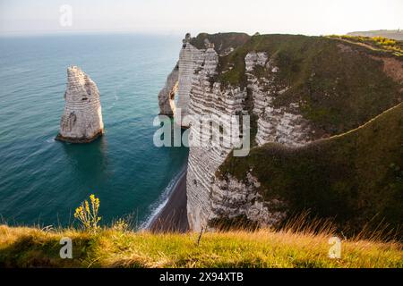 Falaise d'Aval, le famose scogliere bianche del villaggio di Etretat, Normandia, Francia, Europa Foto Stock