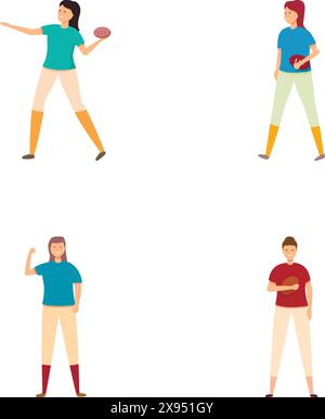Illustrazioni vettoriali di quattro personaggi dei cartoni animati che giocano a football americano in posizioni diverse Illustrazione Vettoriale