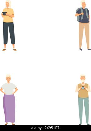 Collezione di quattro illustrazioni che mostrano personaggi anziani impegnati in diverse attività informali Illustrazione Vettoriale