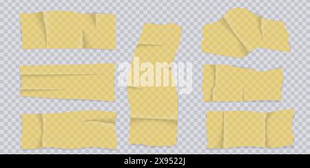 Set di nastri per condotti gialli. Nastri adesivi gialli trasparenti per il fissaggio o per collage fotografici. Nastri adesivi con bordi strappati. Scotch appiccicoso. Chiave plastica Illustrazione Vettoriale