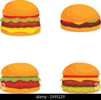 Set di illustrazioni vettoriali colorate con quattro diversi hamburger in stile cartoni animati, isolati su bianco Illustrazione Vettoriale