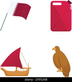 Colorata collezione di icone qatarthemate, inclusi elementi nazionali Illustrazione Vettoriale