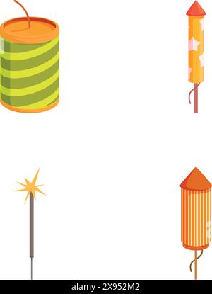 Vivace set di quattro fuochi d'artificio ed esplosivi in stile cartoni animati isolati su uno sfondo bianco Illustrazione Vettoriale