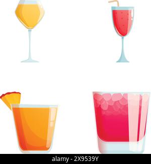 Collezione di illustrazioni vettoriali colorate con quattro bicchieri da bevande a fumetti dallo stile diverso Illustrazione Vettoriale