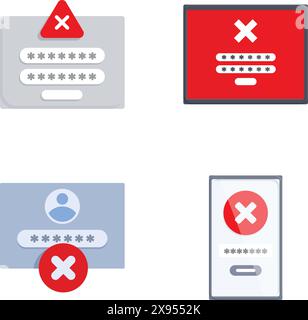 Raccolta di quattro icone dal design piatto che simboleggiano l'immissione di password non corrette Illustrazione Vettoriale