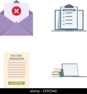 Set di quattro icone piatte che rappresentano la domanda di ammissione al college, l'accettazione e il rifiuto Illustrazione Vettoriale