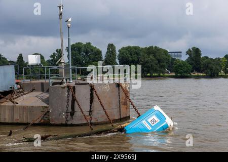 Una toilette mobile galleggia su un molo nel Reno, Colonia, Germania. 15.02.2024 eine Dixi toilette treibt an einem Schiffsanleger im Rhein, Koeln, Deutsc Foto Stock