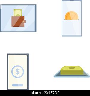 Varie icone monetarie moderne e minimaliste impostate per la finanza, il design piatto, la valuta e le transazioni online in grafica vettoriale e simboli, perfette per l'e-commerce e la gestione dell'economia senza contanti Illustrazione Vettoriale