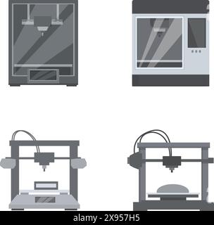 Illustrazione vettoriale di quattro diversi stili di stampanti 3d, perfetta per temi tecnologici Illustrazione Vettoriale