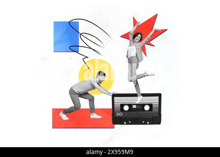 Grafica di tendenza composita schizzo collage di immagini di cassette retrò vintage ascolta musica ballerina discoteca silhouette giovane donna uomo spensierato Foto Stock