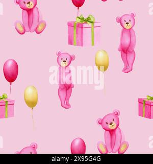 Motivo ad acquerello senza cuciture con orsetti giocattolo rosa, scatole regalo e palloncini gialli e rosa. Illustrazione ad acquerello fatta a mano su sfondo rosa. Per wra Foto Stock