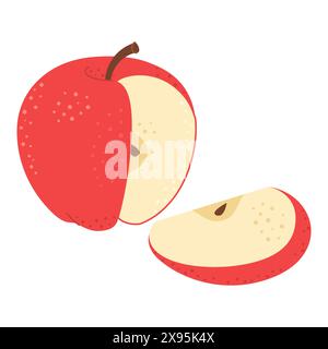 Tagliare la mela con un set di cartoni animati. Sezione trasversale di mela tagliata, fette di frutta, disegnata a mano stile piatto alla moda isolato su bianco. Illustrazione vettoriale Illustrazione Vettoriale