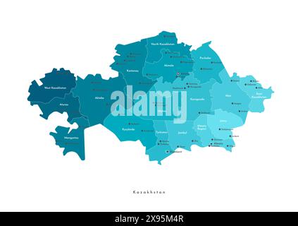 Illustrazione isolata moderna vettoriale. Mappa amministrativa semplificata del Kazakistan. Nomi di capitali, città e regioni Illustrazione Vettoriale