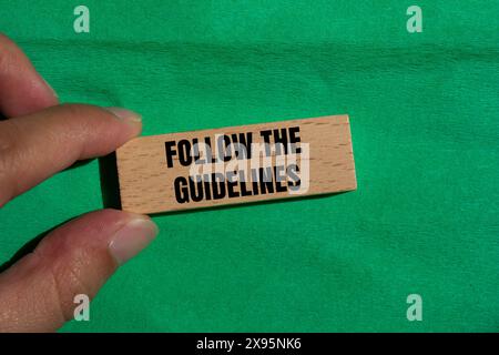 Seguire le indicazioni scritte su un blocco di legno con sfondo verde. Concettuale seguire il simbolo delle linee guida. Copia spazio. Foto Stock