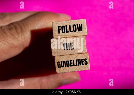 Seguire le indicazioni riportate sui blocchi di legno con sfondo rosa. Concettuale seguire il simbolo delle linee guida. Copia spazio. Foto Stock