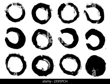 Vettoriale dei tratti rotondi del pennello. Set di caselle di testo circolari. Dipinti di cerchi zen di enso Illustrazione Vettoriale