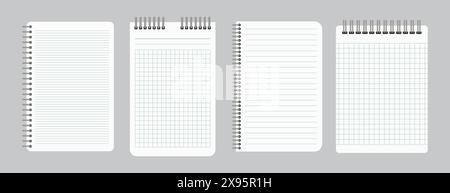 Blocchi appunti con carta foderata vuota e a scacchi con spirale in ferro legante. Set di quattro fogli per notebook. Illustrazione vettoriale Illustrazione Vettoriale