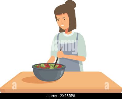 Illustrazione di una giovane donna sorridente che mescola un'insalata fresca in una ciotola su un bancone della cucina Illustrazione Vettoriale
