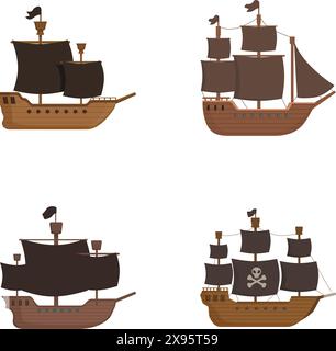 Collezione di quattro navi pirata in stile cartoni animati, con diversi design, isolate per l'uso nella progettazione Illustrazione Vettoriale