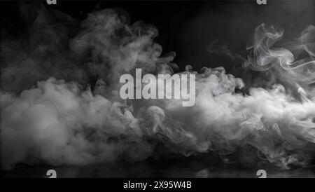 Nebbia realistica, effetto nebbia. Fumo su sfondo scuro. Vapore vettoriale nell'aria, flusso di vapore. Nuvole Illustrazione Vettoriale