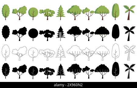 Collezione di 10 elementi grafici ad albero a colori, silhouette, bianco con tratto nero e nero con tratto bianco isolato su sfondo bianco Illustrazione Vettoriale