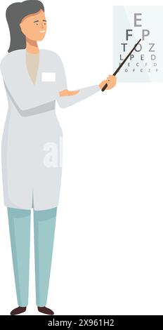 Illustrazione vettoriale di una donna sorridente in camice da laboratorio che indica un grafico di snellen, che rappresenta un esame oculare Illustrazione Vettoriale