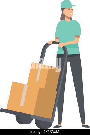 Un corriere femminile è pronto con un carrello a mano carico, predisposto per la consegna del pacco Illustrazione Vettoriale
