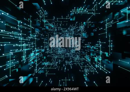 Tunnel scientifico astratto fatto di linee collegate e punti luminosi al neon blu. Illustrazione 3D come sfondo per siti web di fantascienza e tecnologici Foto Stock