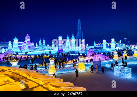 Edifici illuminati fatti di ghiaccio, Ice International Ice and Snow Sculpture Festival, Harbin, Heilongjiang, Cina, Asia Foto Stock